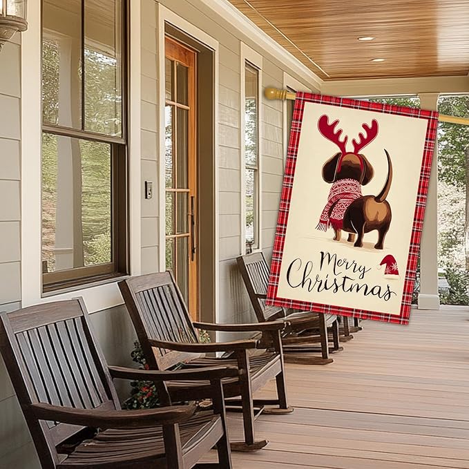 Merry Christmas Garden Flag Back View Dog Reindeer Antlers 28 x 40 Inch Double Sided Welcome Large Yard Banners for Dog Lovers Porch Home Simple Outdoor Winter Holiday Pet Decor