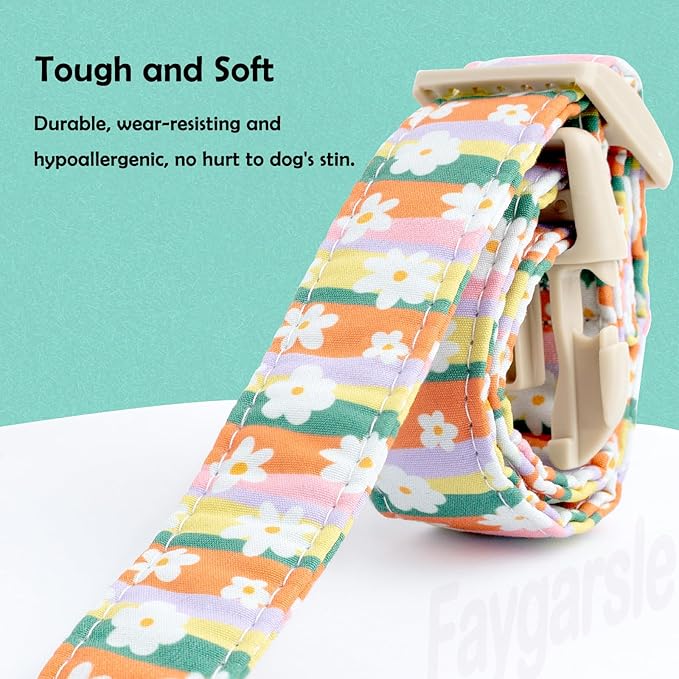 Faygarsle Colorful Floral Dog Collar, Cotton Fabric with Daisy Pattern, Multi-Color Stripes Spring Summer Design for Small Medium Large Dogs M