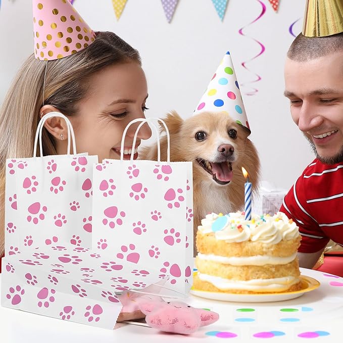 Blulu 20 Pcs Puppy Dog Paw Gift Bags with Paper Twist Handles, Dog Gift Paper Paw Treat Goodie Bags for PET Treat Party Favor, 6.3 x 3.1 x 8.6 Inch(White Backing, Pink Paws)