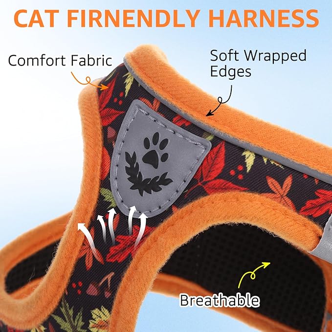 SCENEREAL Fall Thanksgiving Cat Harness and Leash Set Escape Proof, Soft Mesh Kitten Harness for Walking Travel, Reflective Adjustable Pet Vest with Leaf Print for Cat Puppy, M