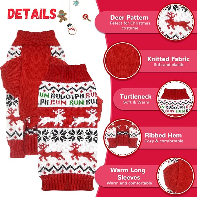 Dog Christmas Sweater Xmas Pet Clothes Cute Reindeer Christmas Dog Costume Outfits Holiday Knitwear Puppy Cat Jumpers New Year Gifts for Small Medium Large Dogs(Red Runing Deer,XS)