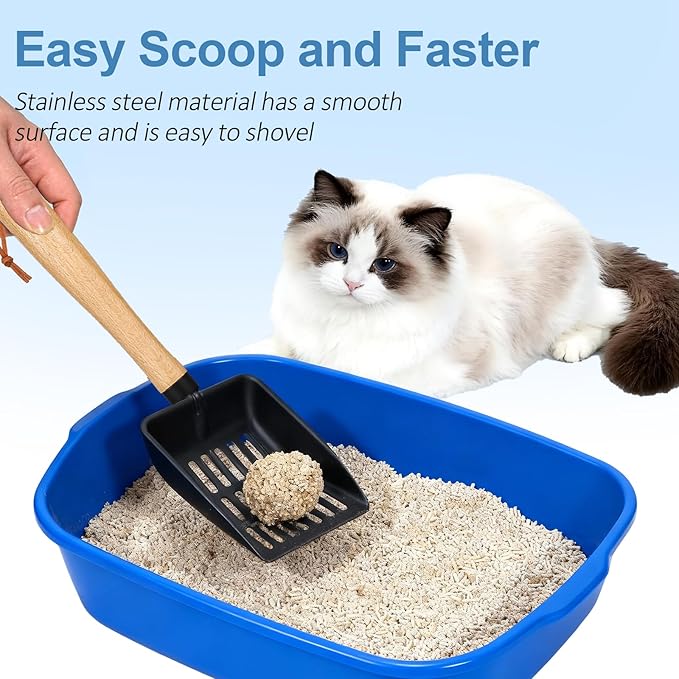 Cat Litter Scoop, Metal Litter Scoop, Heavy Duty Metal Cat Scooper for Litter Box, Black Sifter Scoop for Pellets, Wooden Handle Scoop with Hole, Kitty Necessity (9.8" Handle)