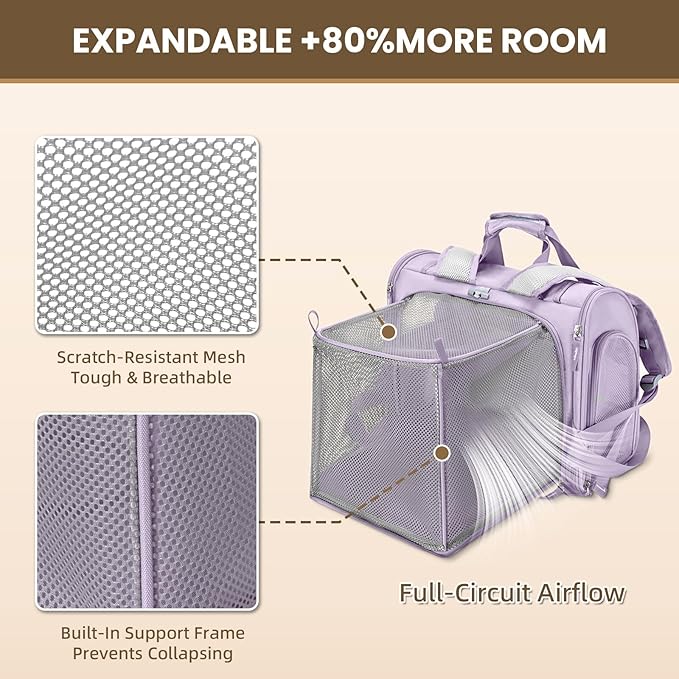 Lollimeow Expandable Cat Carrier Backpack for Large Cats - Airline Approved Pet Carrier Backpack for Small Dogs, Hiking & Travel, Waterproof with Breathable Mesh, 14lbs Capacity (Lavender, Standard)