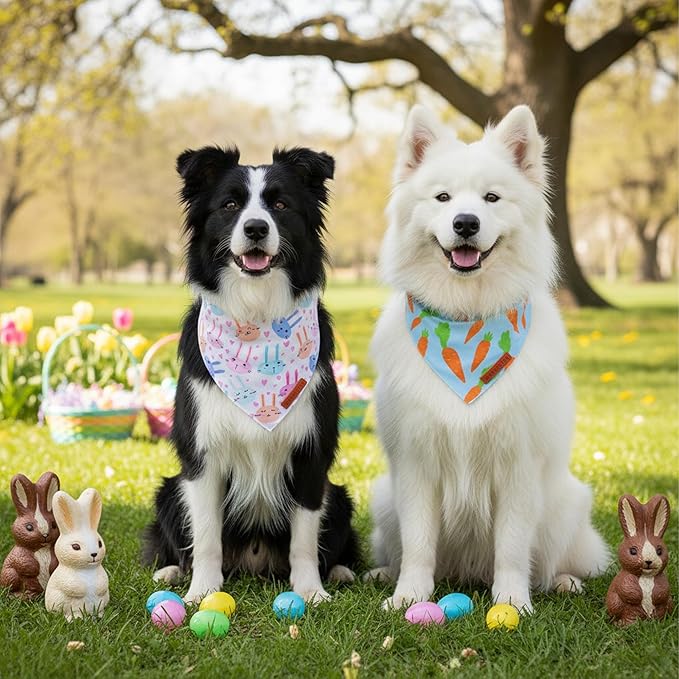 ADOGGYGO Easter Dog Bandanas 2 Pack, Reversible Bunny Carrot Print Puppy Scarf, Premium Fabric, Adjustable Fit Easter Bandana for Medium Large Dogs (Large)