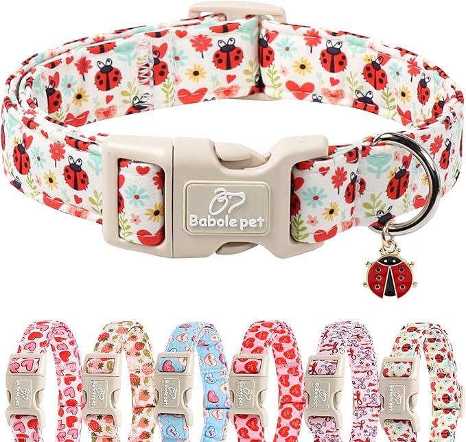 Ladybug Dog Collar for Large Dogs - Cute Spring/Summer Dog Collar, Lightweight Adjustable Cartoon Love Bug Garden Mom Dogs Collars with Quick Release Buckle L