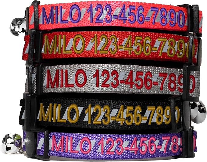 Pawtitas Personalized Cat Collar with Breakaway Safety Release Buckle Adjustable Length | Cat Collar with Custom Embroidered for Your Pet's Name and Phone Number | Grey Cat Collar with Removable Bell