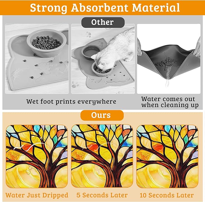 Tree of Life Feeding Mat,Colorful Tree Absorbent Quick-Dry Cat Dog Food and Water Bowl Mats,Non-Slip Rubber Backing Mat,Cat Dog Accessories Supplies 16" x 24"
