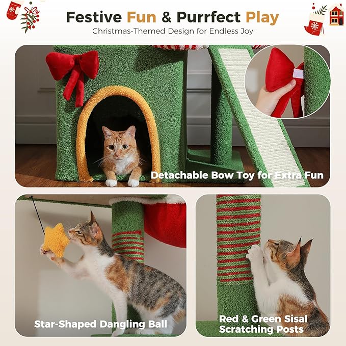 PETEPELA 83-108'' Floor to Ceiling Christmas Cat Tree for Large Indoor Cats, Tall Cat Tower with Adjustable Height with 3 Large Cat Condos, Cozy Hammock, Scratching Posts, Green/Red