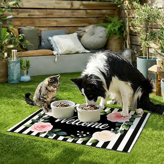Pet Feeding Mat 24" x 16" Floral Stripe Welcome Design Non Slip Dog Food Mat and Cat Food Mat Easy Clean Puppy Feeding Mat for Indoor Cats Large Pet Food Mat for Food Bowls