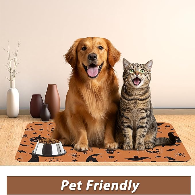 Halloween Dog Food Mat for Floors,Pumpkin Bat Absorbent Quick-Dry Pet Feeding Mat,Cat Dog Bowl Mats for Food and Water,Non-Slip Pet Accessories Supplies 16"x24"