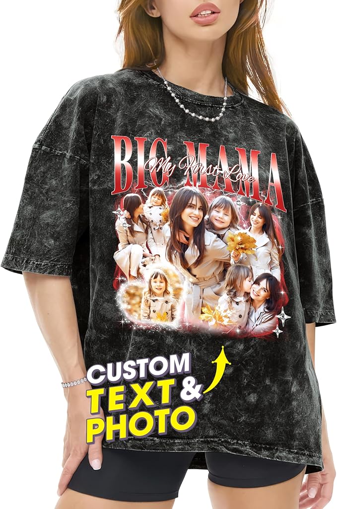 H-DEWALL Custom T Shirts Mineral Wash Tshirt Bootleg Rap Tee Customized Gifts for Boyfriend Birthday Shirts Tops for Women