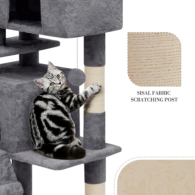 Athena Collection Cat Tree, 62 Inch Cat Tree Tower for Indoor Cats, Multi-Level Cat Tower House Activity Center with 2 Cat Condo & Scratching Post & Dangling Ball, Tall Cat Climbing Tower, Darkgray