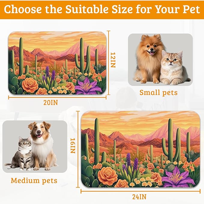 Pet Feeding Mat,Cactus Absorbent Dog Cat Food Mat Desert Dog Mat with Rubber Backing,Non-Slip Water Bowl Placemat,Pet Supplies 16" x 24"