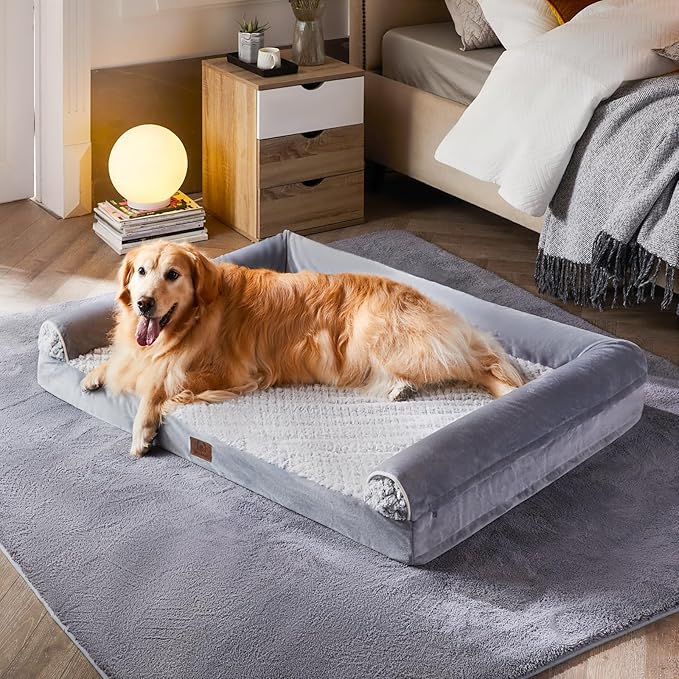 WNPETHOME Orthopedic Dog Beds for Large Dogs, Waterproof Memory Foam Large Dog Bed with Sides, Non-Slip Bottom and Egg-Crate Foam Big Pet Couch Bed with Washable Removable Cover, Grey