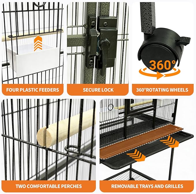 GarveeHome 62.6" H Large Bird Cage, Bird Cage with Rolling Storage Stands, Feed Bowls, Wide Tall Parrot Cage for Parakeets, Conures, Cockatiel, Cockatoo