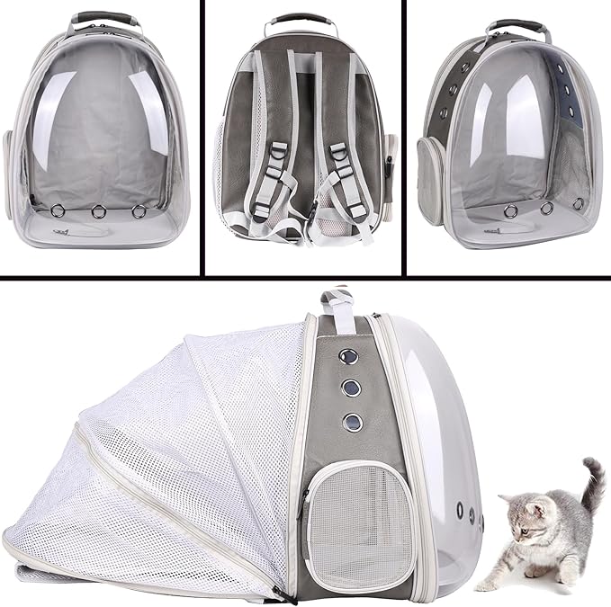 Expandable Carrier Backpack for Kitten Bunny and Small Puppy, Vented Transparent Space Capsule Astronaut Cat Bubble Window, PU Leather Grey Vet Carry Bag