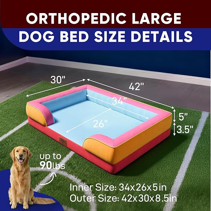 Comfort Expression Orthopedic Dog Bed for Extra Large Dogs 42x30 Inch, Waterproof Egg Crate Foam XL Pet Bed with Removable Bolsters, Dog Couch with Washable Cover & Non-Slip Bottom, Miami