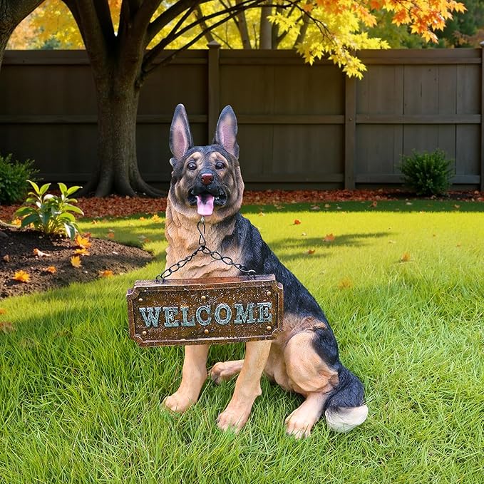 German Shepherd Statue Outdoor Decorations – Dog Statues Outdoor Sitting German Shepherd with Replaceable Solar Light & Welcome Sign for Porch Décor