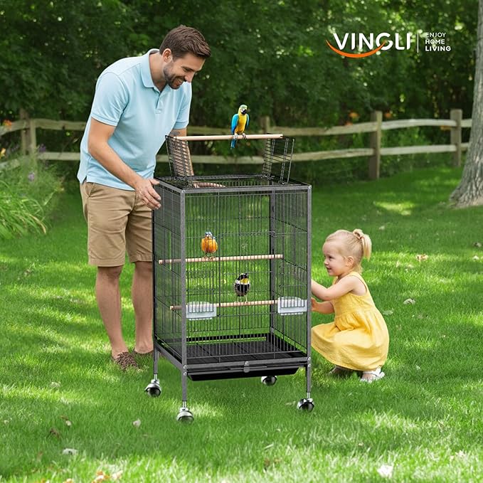VINGLI Bird Cage with Wheels, Durable Wrought Iron Parakeet Cage with Slide Out Tray, Black Bird Cages for Parakeets/Lovebird/Cockatiels/Budgies and Other Small/Medium Birds (Medium-38 inch)