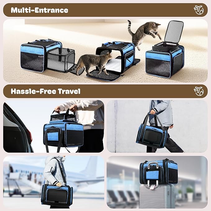 Top and 2 Sides Expandable Cat Carrier 18x11x11, TSA Airline Approved Dog Carriers for Small Dogs, Soft-Sided Pet Carrier with Self-Locking Zippers for Kitten,Rabbit, Puppy, Blue