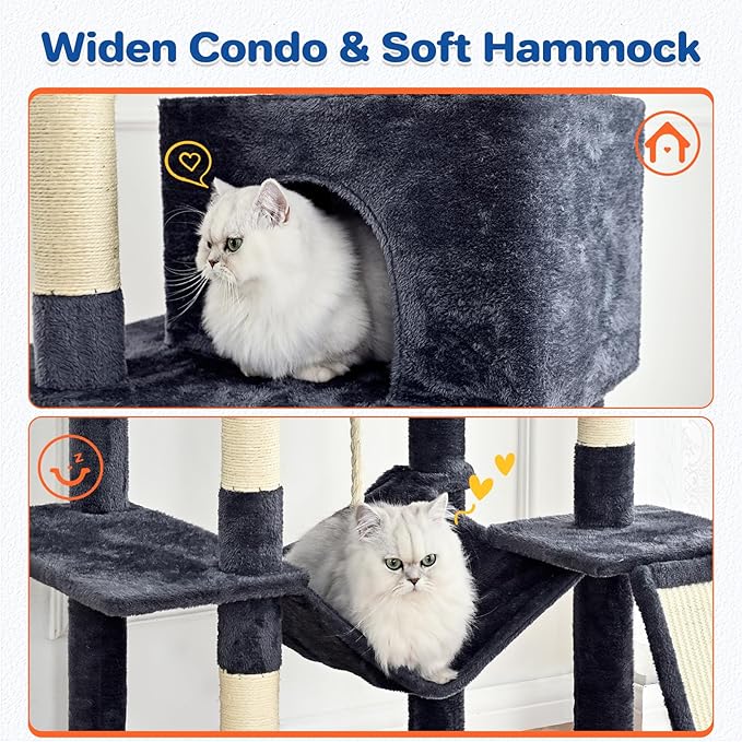 Cat Tree Tower 63in Multi-Level Cat Tower for Indoor Cats with Sisal Scratching Posts, Condo, Hammock, Dangling Ball and Extended Platform for Cats to Play, Grey