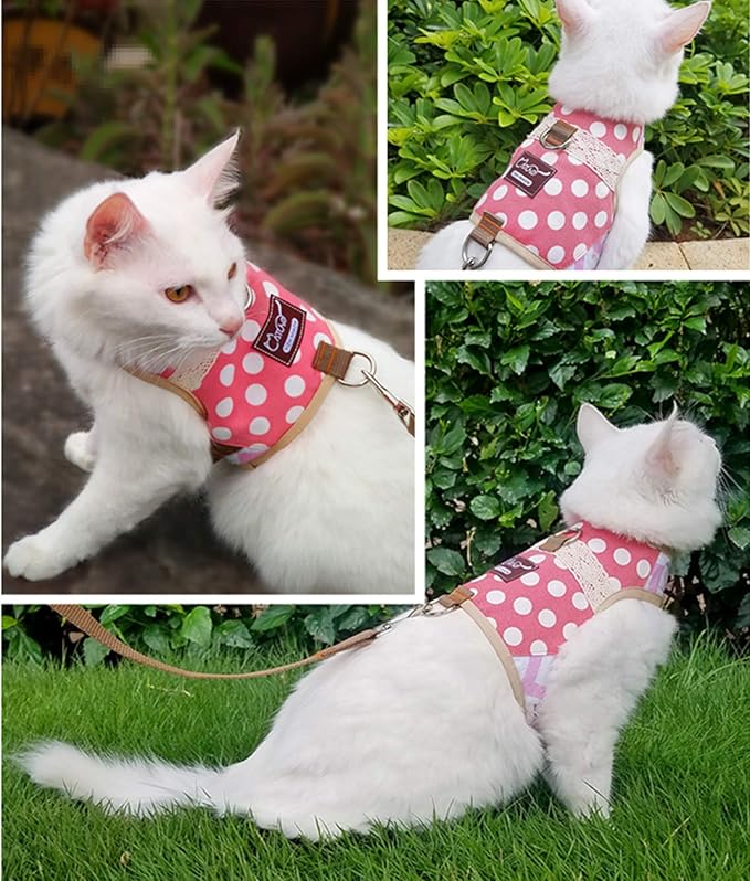 Cat Harness and Leash for Walking Escape Proof, Adjustable Cat Vest Harness, Padded Stylish Cat Walking Jackets, Polka Dot Pink, X-Small