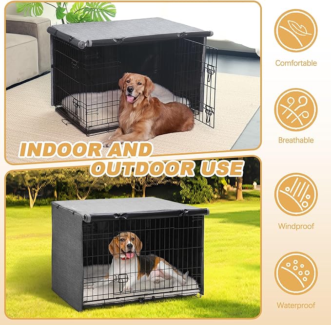 Dog Crate Cover - Double Door Waterproof Pet Kennel Cover, Durable 600D Polyester Protective Cage Cover for 42 Inch Dog Crate - Grey