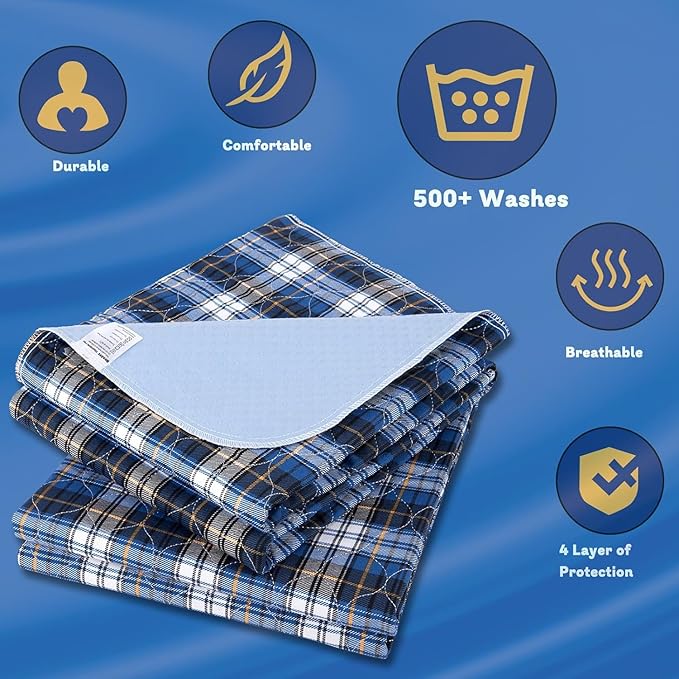 Washable Bed Pads, Non-Slip Bed Pads for Incontinence (36"" x 72"", 2 Pack) - Waterproof and Reusable Underpads for Adults, Kids, and Pets, Blue