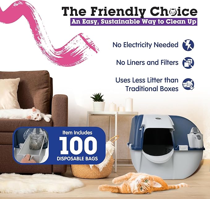 Omega Paw Roll N Clean Complete Self Cleaning Litter Box with New Bag System, Litter Step, Sifting Grate, and Pullout Waste Tray with 100 Bags, Blue