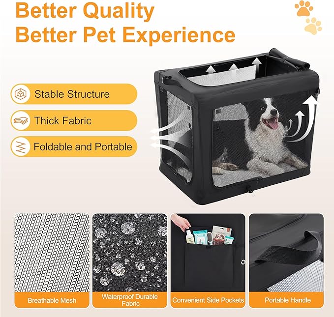 Dog Travel Crate 24 Inch, Portable Soft-Sided Travel Carriers for Dogs and Cats, Foldable Pet Kennel with 3-Doors Mesh Windows Indoor & Outdoor, Black