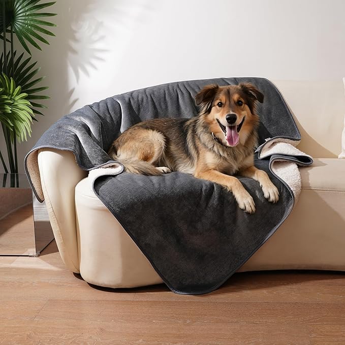 Sunheir Waterproof Blanket for Bed & Couch, Reversible Soft Sherpa Fleece Flannel Throw 50"X60", Leakproof Spill-Proof Dog Pet Blanket, Furniture & Sofa Protector, Camping, Travel, Grey