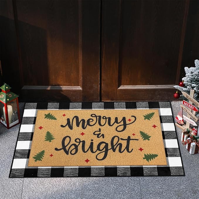 Tinideya 2 Pcs Door Mat Welcome Non Slip Coir Mats Floor Layering Doormats Seasonal for Front Porch Entryway Decor(Rustic Christmas)