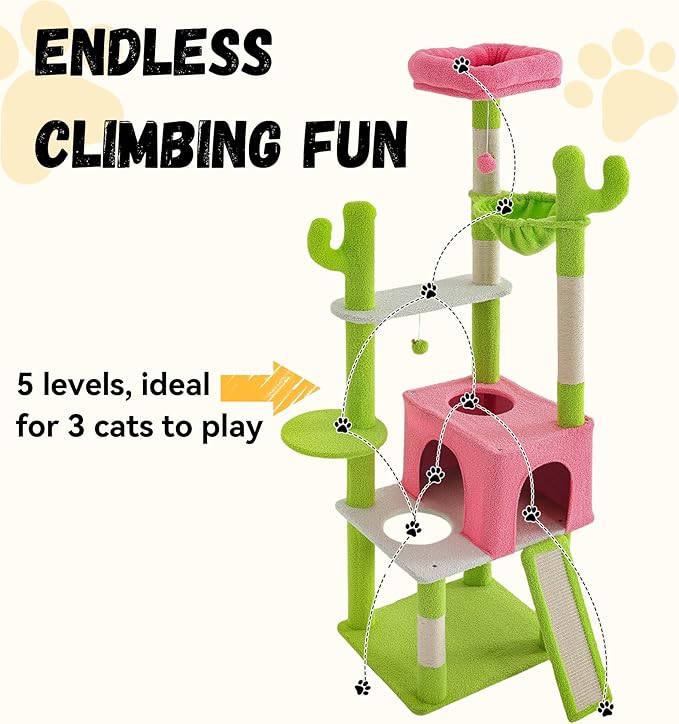 DWVO 68" Tall Cactus Cat Tree: Cats Tower with Sisal Scratching Posts, Kittens Hideout Pet House - Multi-Level Indoor Activity Center for Climbing Play, Green & Pink