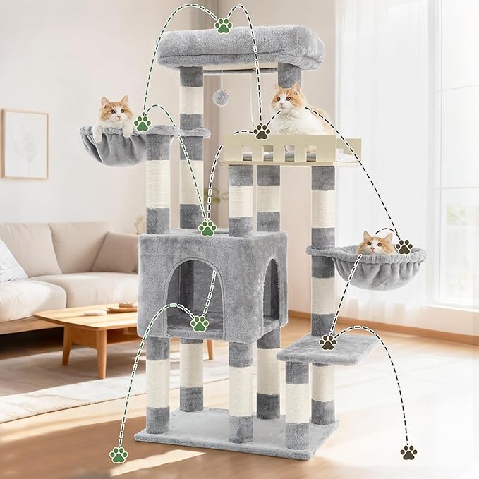 Cat Tree for Indoor Cats Large Adult, Heavy Duty Cat Tree for Large Cats 20 lbs+, Cat Condo with Big Wooden Perch, Cat Tower with 14 Scratching Posts, Hammock, Light Gray GCT023W