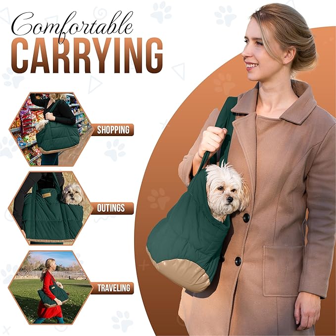 Plush Dog Purse Carrier for Small Dogs, Soft Dog Tote Bag with Safety Harness Clip, Cozy Pet Carrier for Dogs Under 15 lbs, Comfortable Dog Shoulder Carrier for Travel, Green