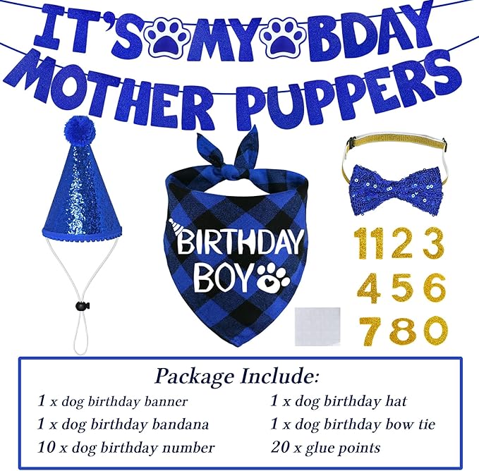 STMK Dog Birthday Decorations, Multi Sizes Dog Birthday Hat Bandana Bow Tie Numbers It’s My Bday Mother Puppers Banner for Large Extra Large Dogs Pets (X-Large, Blue)