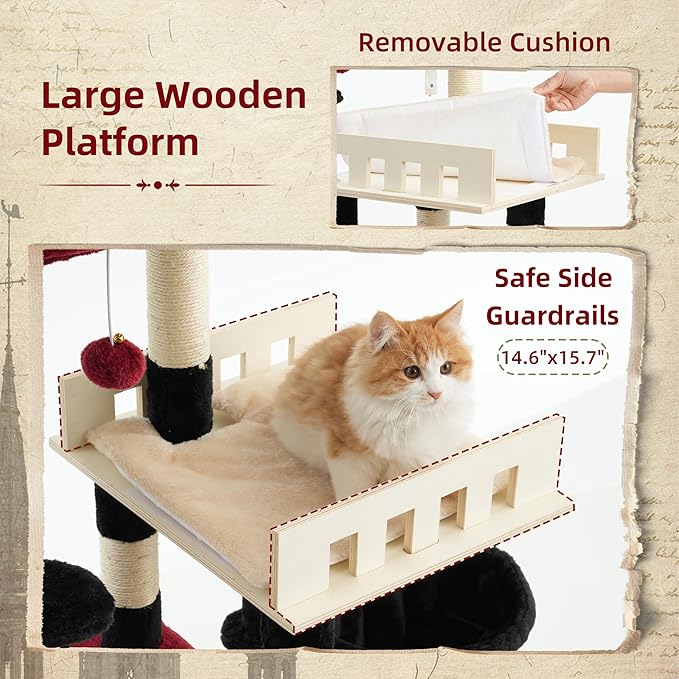 Cat Tree for Indoor Cats Large Adult, Heavy Duty Cat Tree for Large Cats 20 lbs+, Cat Condo with Big Wooden Perch, Cat Tower with 14 Scratching Posts, Hammock, Black GCT023BR