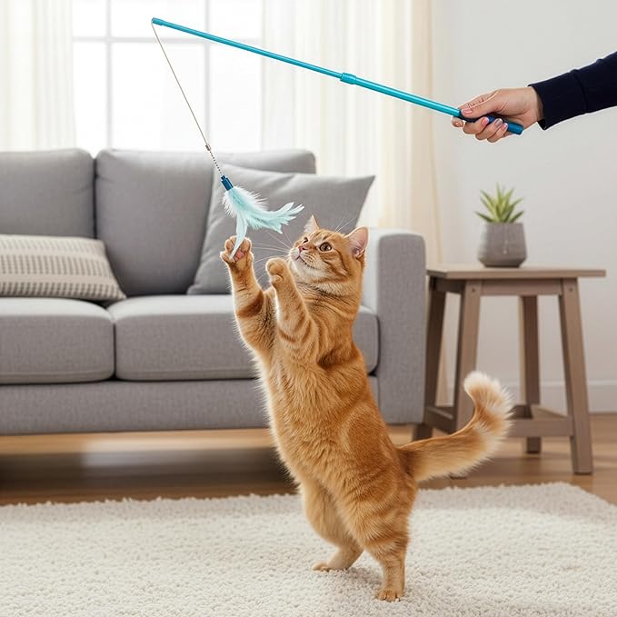 SmartyKat Frisky Flyer Feather Wand Cat Toy, Extendable Up to 24" - Blue, One Size