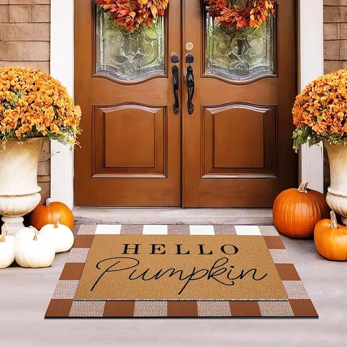 Tinideya 2 Pcs Door Mat Welcome Non Slip Coir Mats Floor Layering Doormats Seasonal for Front Porch Entryway Decor(Brown White Plaid)
