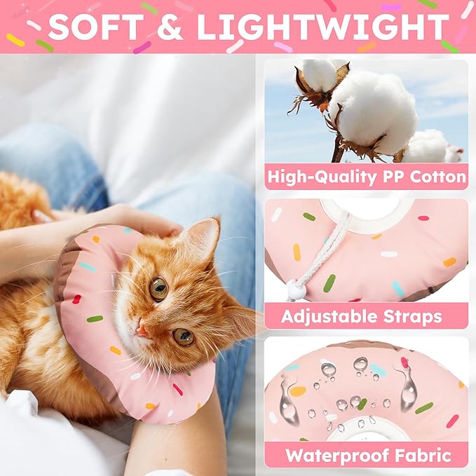 Cat Cone Collar Soft, Waterproof Cat Recovery Collars Spay Cones to Stop Licking Cute Donut E Collar After Surgery Anti-Lick Wound Healing Safety Elizabethan Collar for Kittens (Donut Pink, Medium)