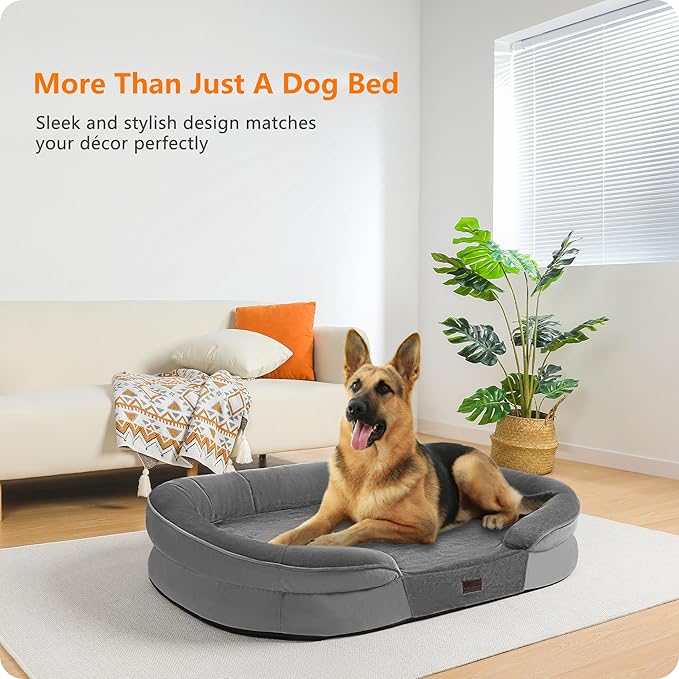 Dwanton Orthopedic Dog Bed for Extra Large Dogs with Gel Memory Foam, Waterproof Dog Sofa, Washable Pet Bed with Four Sided Bolster Cushion, Removable Cover & Non-Slip Bottom, 45", Medium Gray