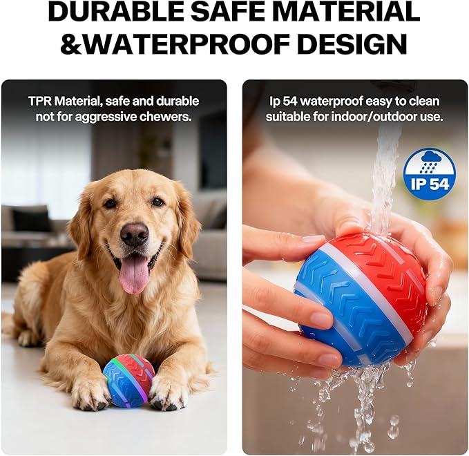Pet Prime Interactive Dog Ball Toy Automatic Active Rolling Ball for Dogs Motion Activated with LED Light Rechargeable Self Moving Toy for Small Medium Large Dogs to Play Red/Blue