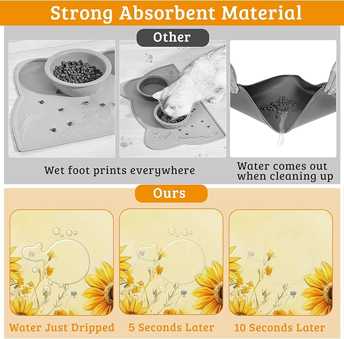 Yellow Floral Feeding Mat,Sunflower Absorbent Quick-Dry Cat Dog Food and Water Bowl Mats,Non-Slip Rubber Backing Mat,Cat Dog Accessories Supplies 12" x 20"