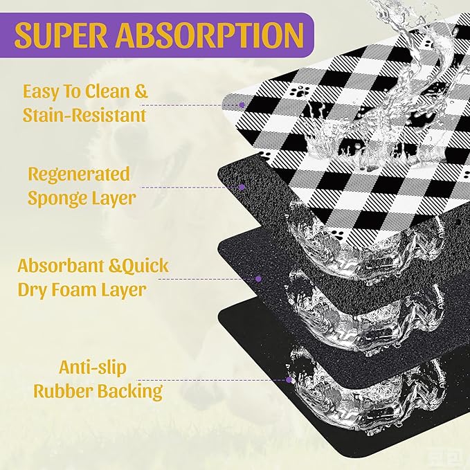 Cat Checked Plaid Dog Cat Food Mat, Absorbent Feeding Mat with Fast-Dry Surface, Rubber Backing for Messy Drinkers – 16x24 Inch