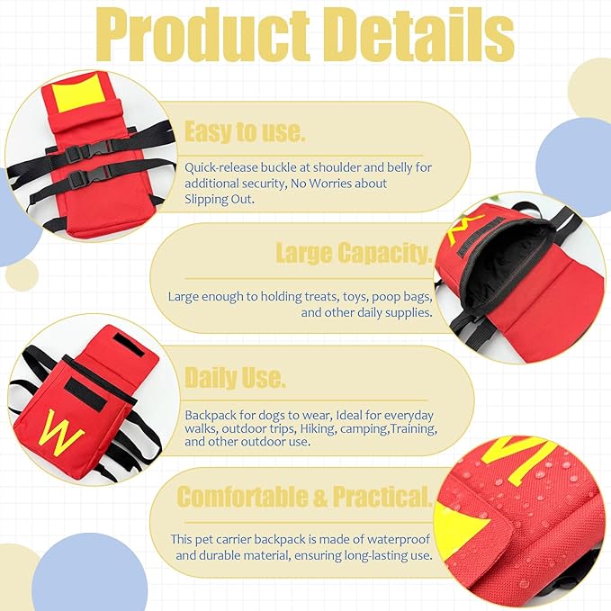 Dog Backpack for Dog, Red Self Carrier Pet Pack with Pockets, Adjustable Hands-Free Travel Hiking Walking Vest, Cute W Superhero Design, Large Capacity