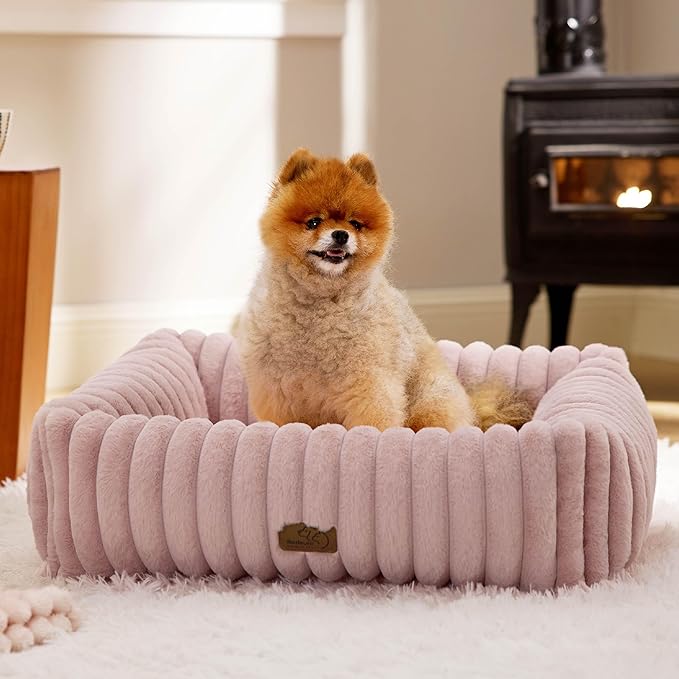 Bedsure ComfyFleece™ Cute Dog Bed for Small Medium Dogs - Washable Furry Puppy Beds, Rectangle Orthopedic Corduroy Fleece Pet Beds with Removable Zipper Cover, 25x21x7inches, Blush Pink