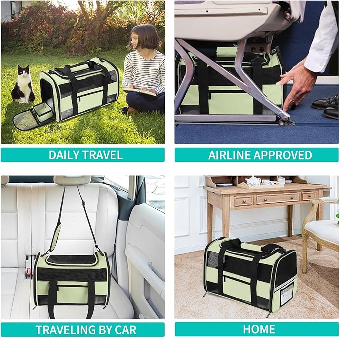 20" Large Soft Sided Cat Carrier Pet Carrier for Cats Dogs Under 25 lbs, Folding Dog Carrier Cat Carrier for 2 Cats Travel Carrier Bag, Green