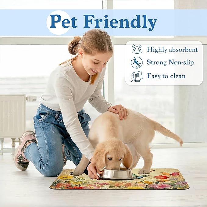 Vintage Butterfly Floral Pet Food Mat for Cats and Dogs–Christmas Stocking Absorbent Quick Dry Feeding Placemat, Non Slip Rubber Base, Waterproof Bowl Mat for Indoor Use, Pet Supplies 12"x20"