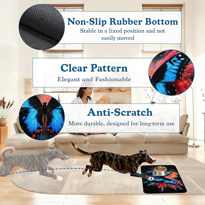 Blue Butterfly on Blooming Pet Feeding Mat– Christmas Stocking Quick Dry Absorbent Dog Cat Food Mat, Non Slip Waterproof Bowl Placemat for Messy Eaters, Pet Accessories for Floors 12"x20"