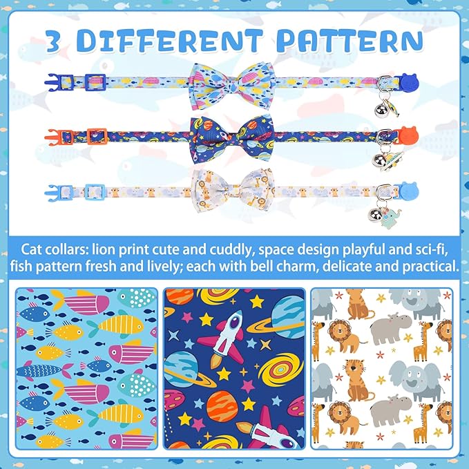 KOOLTAIL Boy Cat Collar Breakaway with Removable Bow Tie and Bell,3 Pack Fancy Cute Safety Buckle Kitten Collars with Charm Pendant, Adjustable Soft Pet Collars for Kitty Small Cats